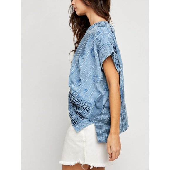 NWT Free People Patch Me Up Tee / Denim Combo - Picture 3 of 6